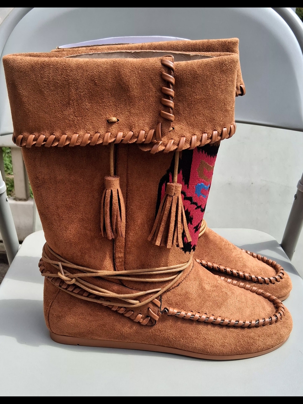 Brown Suede Fringe Moccasins with Pink & Blue Knit Accent - Picture 3 of 9